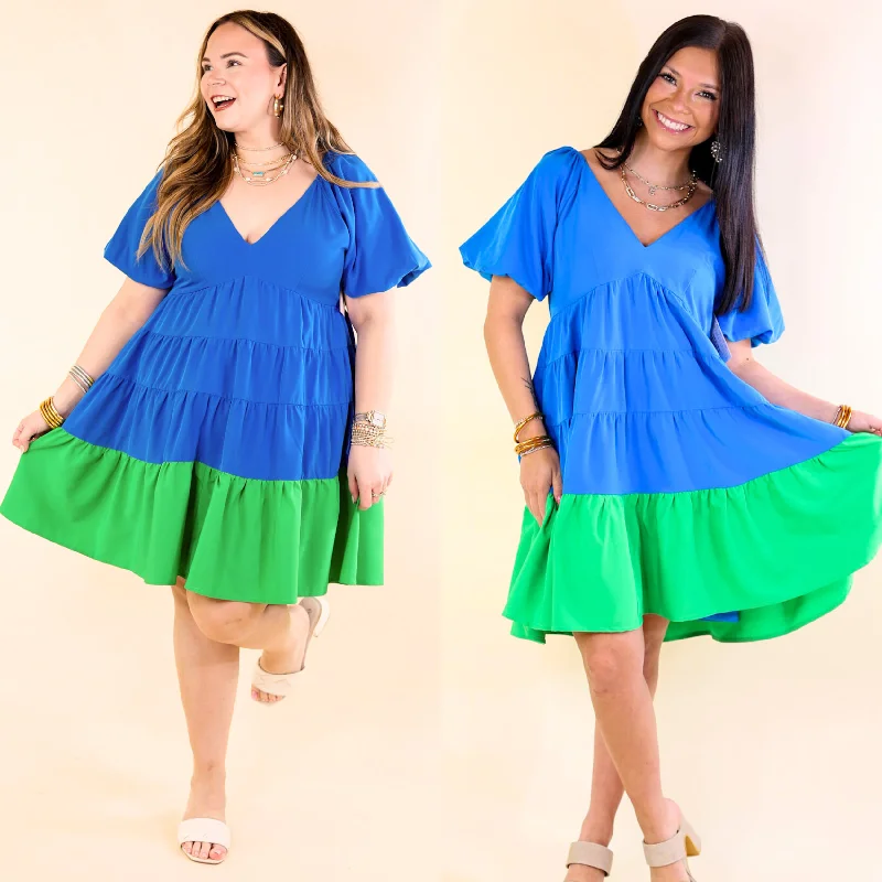 Mini dress with bustier top-Trendy City Puff Sleeve Tiered Dress with Green Hemline in Blue