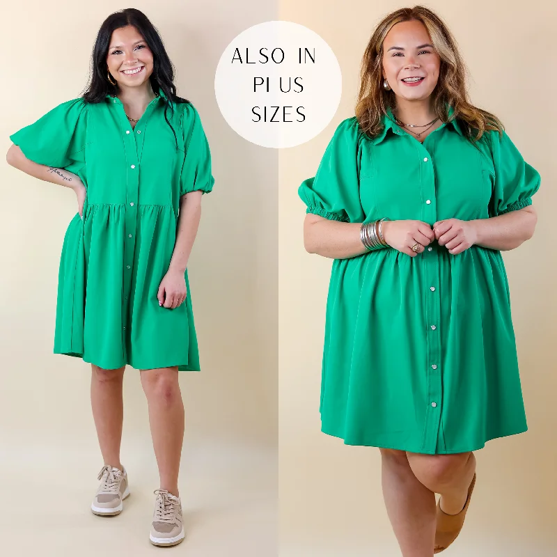 Mini dress with flared skirt-Adventures Ahead Button Up Babydoll Dress in Green