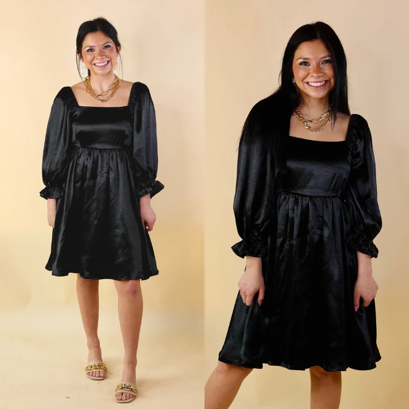 Mini dress with bohemian vibes-Feeling Fine Satin Babydoll Dress with 3/4 Sleeves in Black