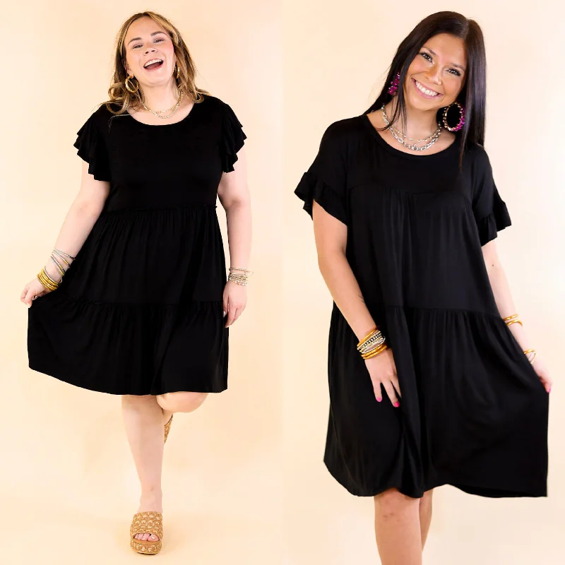 Mini dress for cocktail parties-Gorgeous Girly Ruffle Sleeve Tiered Dress in Black