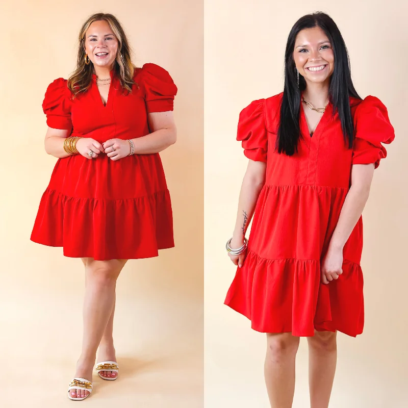 Mini dress with elastic waistband-Call Me Chic Balloon Sleeve Short Dress in Red