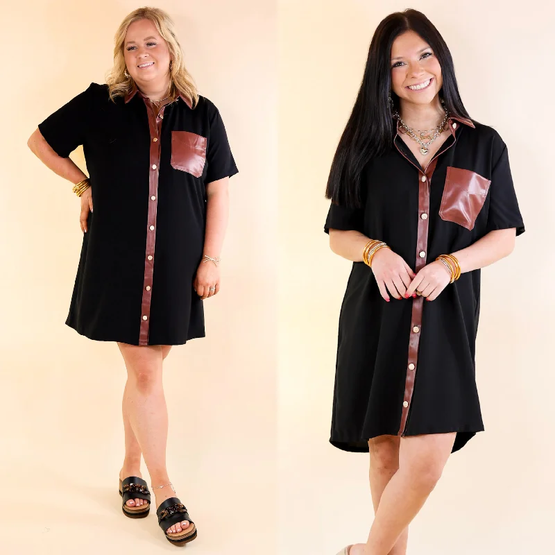 Mini dress with cool tones-Put Your Records On Button Up Faux Leather Trim Dress in Black