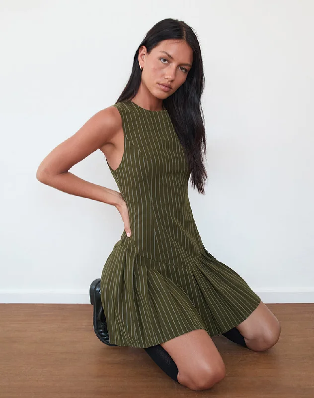 Mini dress with tie waist-Semasa Mini Dress in Khaki Pinstripe