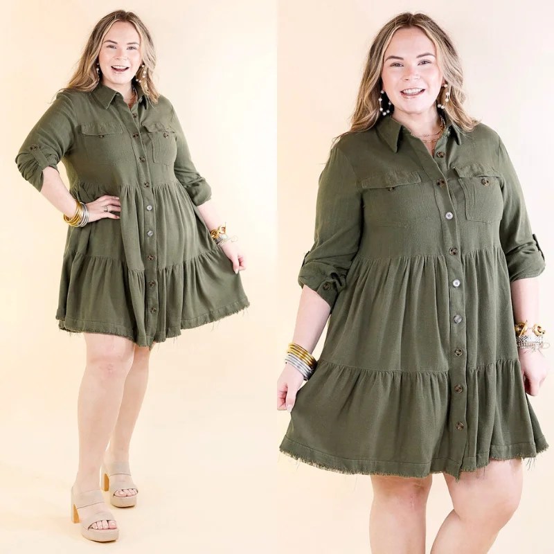 Mini dress with puff sleeves-Chic Darling Ruffle Tiered Button Up Dress with Long Sleeves in Olive Green