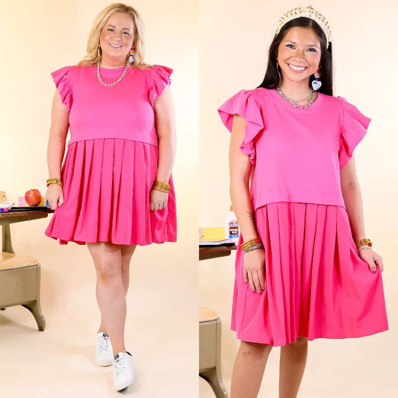 Mini dress with racerback style-Simple Sophistication Solid Color Dress with Ruffle Cap Sleeves in Hot Pink