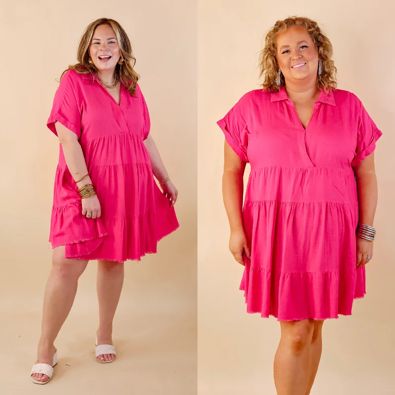 Mini dress with casual chic-Taos Transitions Ruffle Tiered Collared Dress with Frayed Hem in Hot Pink