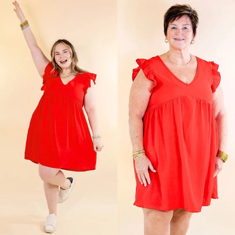 Mini dress with chic design-Capture Your Attention V Neck Dress with Ruffle Cap Sleeves in Red