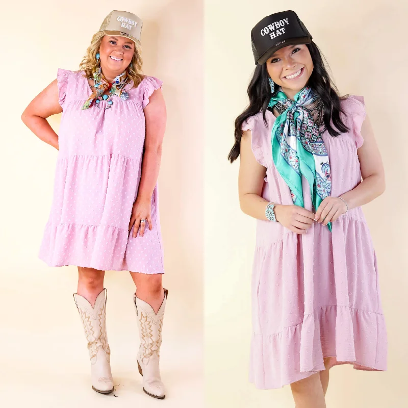 Mini dress with glam touch-Real Romance Swiss Dot Tiered Dress with Ruffle Cap Sleeves in Mauve Pink