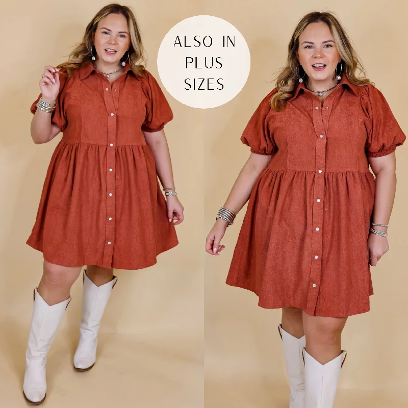 Mini dress with puffball skirt-Adventures Ahead Button Up Corduroy Babydoll Dress in Terracotta