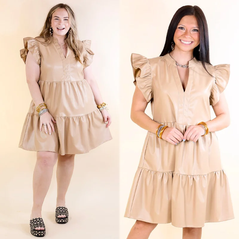 Mini dress with one shoulder-Magnolia Morning Ruffle Cap Sleeve Faux Leather Short Dress in Cream