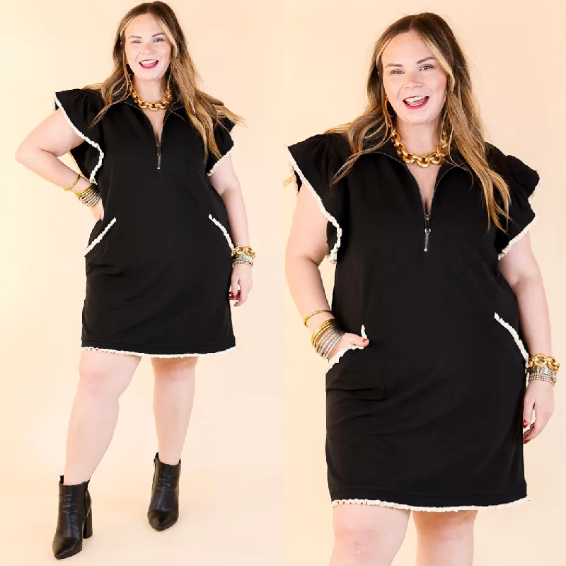 Mini dress with zen vibes-Classic Charm Cap Sleeve Dress with a Collar and Ruffle Detailing Dress in Black