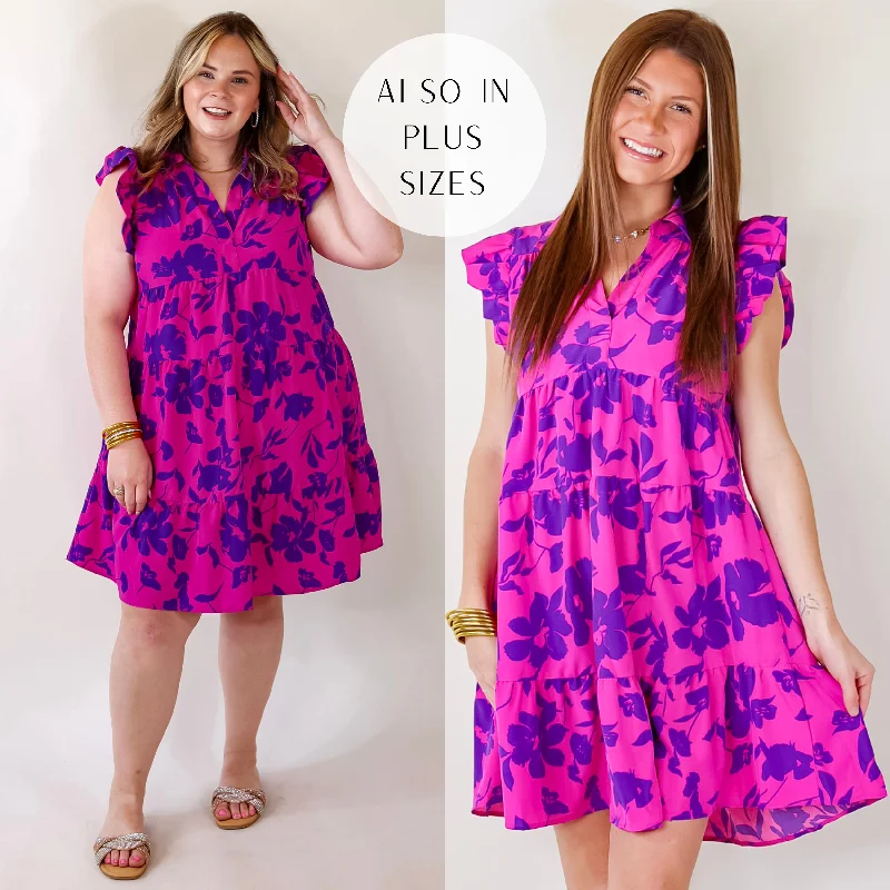 Mini dress with satin fabric-Last Chance Size Small & Large | All Of A Sudden Ruffle Cap Sleeve Floral Short Dress in Magenta Mix