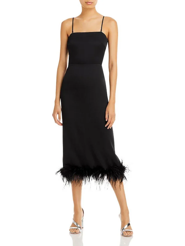 Cocktail dress with cape-Womens Faux Feather Trim Back slit Cocktail and Party Dress