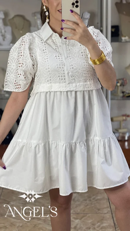 Mini dress with illusion sleeves-Puff Sleeve Eyelet Mini Dress