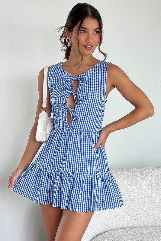 Mini dress with off-shoulder neckline-Blue Check Mini Dress Ribbon Detail