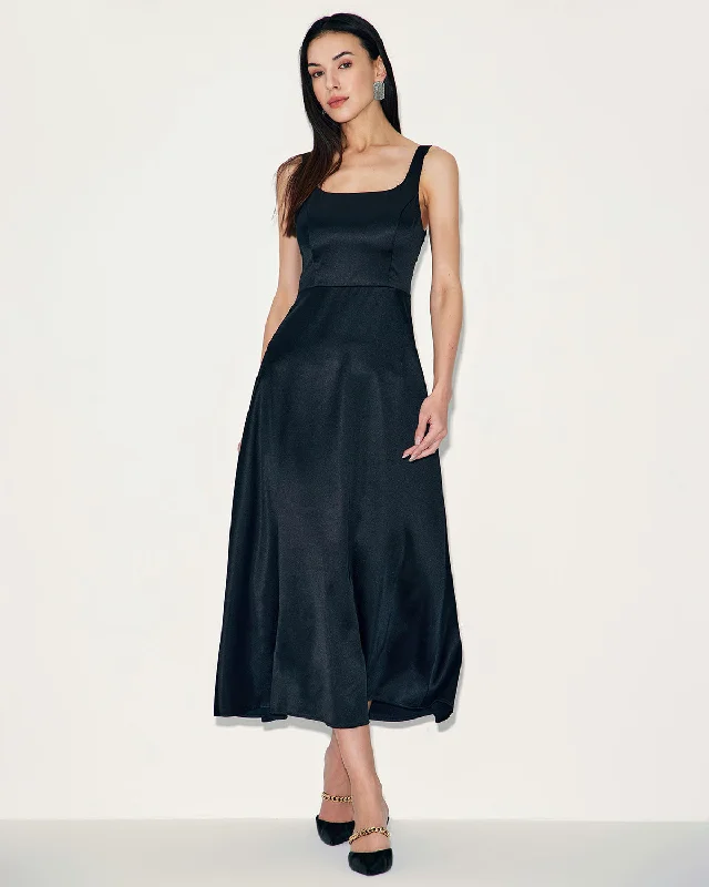 Maxi dress with bell sleeves-Black Satin A-Line Slip Maxi Dress