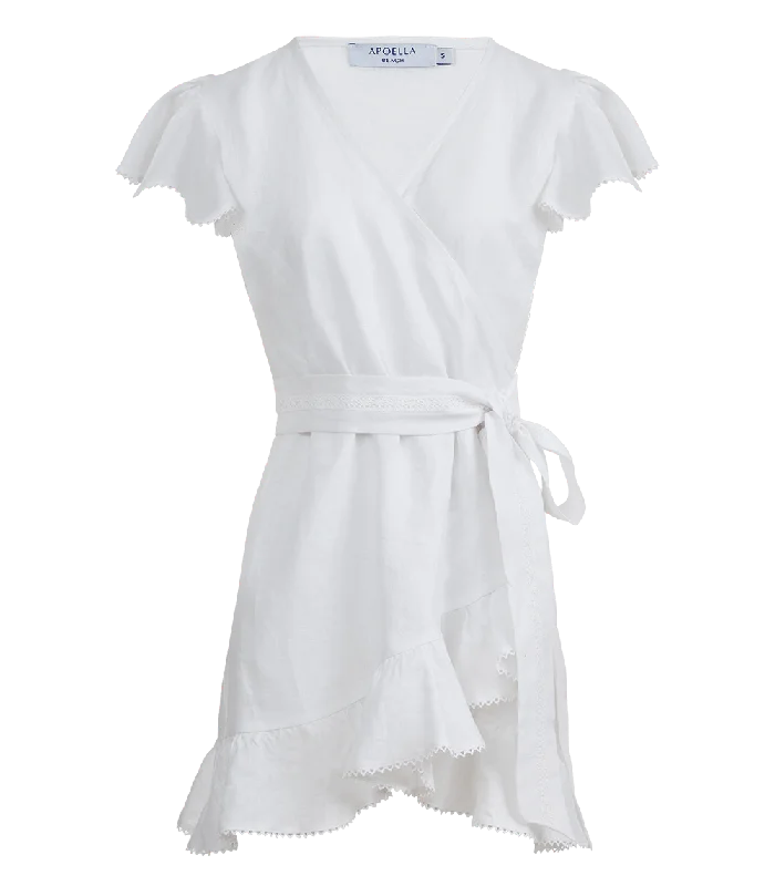 Mini dress with satin fabric-Amalia Lace Linen Mini Wrap Dress