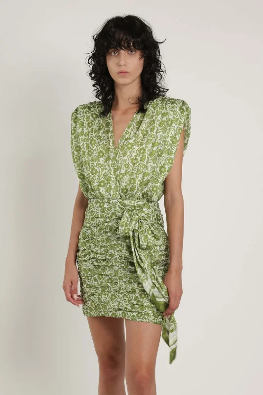 Mini dress with mesh insert-Sony Sleeveless Mini Dress W. V-neckline Green Print Floral