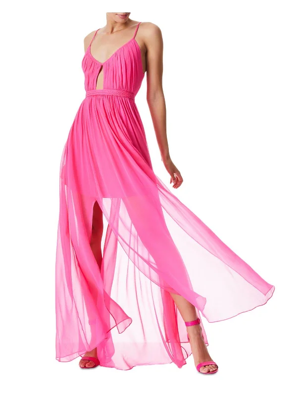 Maxi dress with illusion sleeves-Tamar Womens Silk Cut-Out Maxi Dress