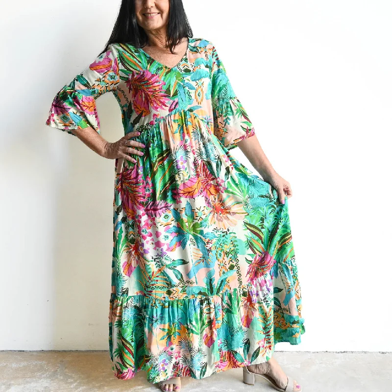 Maxi dress with pleated skirt-Bell Sleeve Maxi Dress by Orientique Australia - Hanalei - 9197