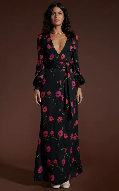 Maxi dress with voluminous sleeves-Mariela Maxi Dress In Poppies On Black