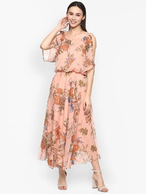 Maxi dress for cocktail parties-Porsorte Women Poly Chiffon Floral Print Full Maxi Dress