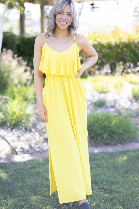 Maxi dress with embroidered flowers-Unleash Your Beauty - Yellow Maxi