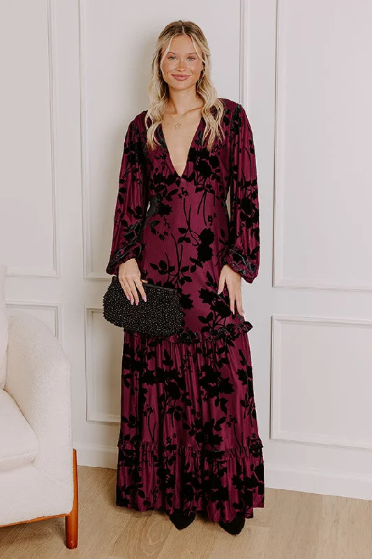 Maxi dress with retro style-Moonlit Rendezvous Velvet Burnout Maxi Dress in Windsor Wine