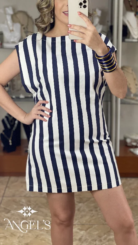 Mini dress with animal print-Open Back Navy Stripes Mini Dress