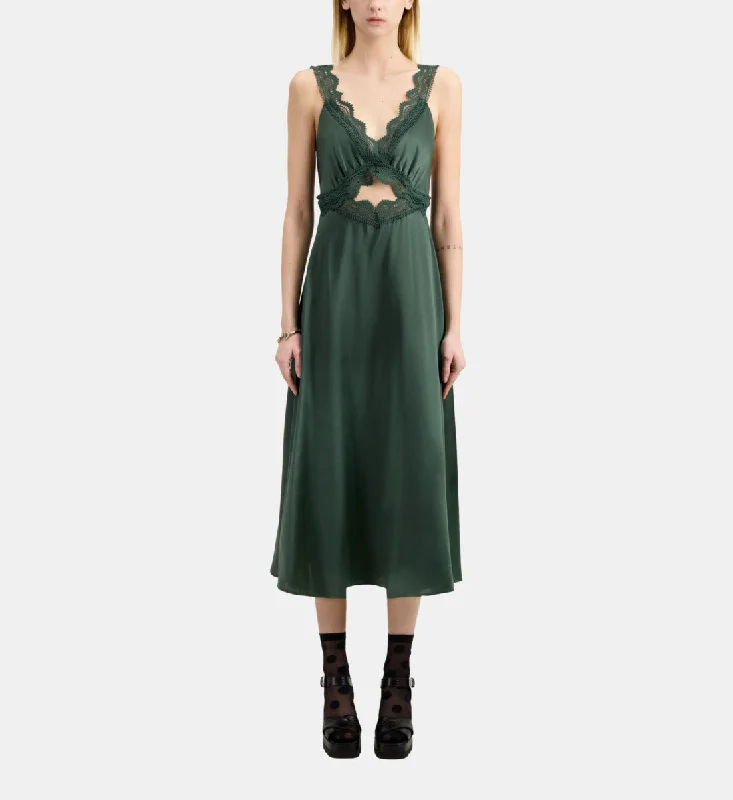 Maxi dress with plunging neckline-Long Green Slip Dress With Guipure | Women | Wood Khaki