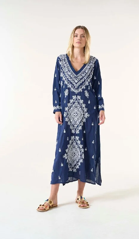 Maxi dress with puff sleeves-Embroidery long goa navy/white