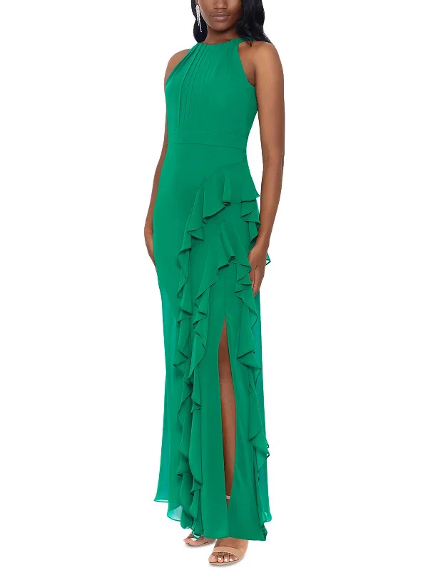 Maxi dress with pleated skirt-Womens Halter Maxi Evening Dress