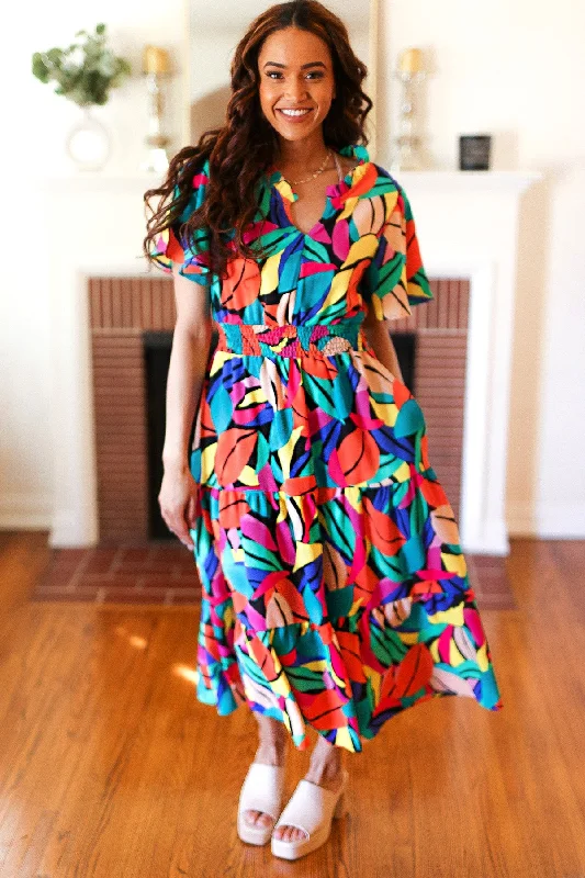 Maxi dress with one shoulder-Be Bold Multicolor Abstract Tropical Print Smocked Waist Maxi Dress