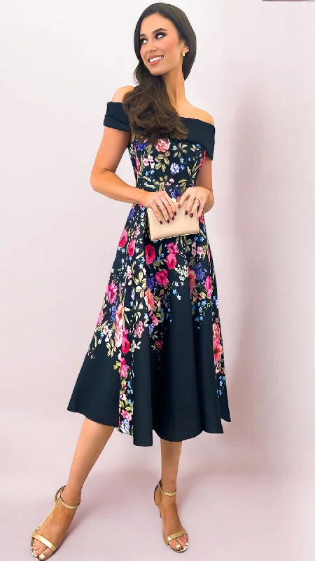 Cocktail dress with draped bodice-4-A1920 Judie Black Floral Bardot Flare Dress