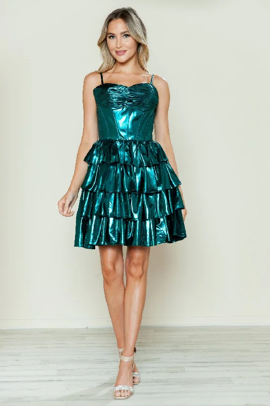 Cocktail dress with oversized bow-Metallic Short A-line Ruffled Dress by Poly USA 9678