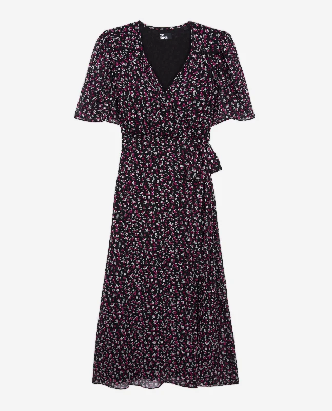 Maxi dress with puffball skirt-Long Printed Wrap Dress | Women | Black x Pink