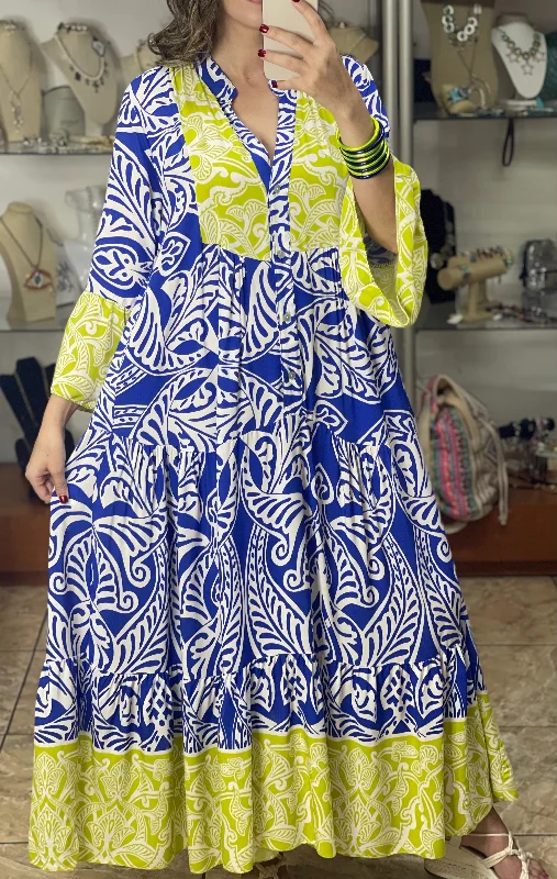 Maxi dress with youthful look-Blue/Neon Green OS Maxi Dress