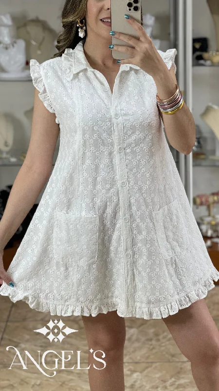 Mini dress with metallic threads-Eyelet Mini Dress With Pockets