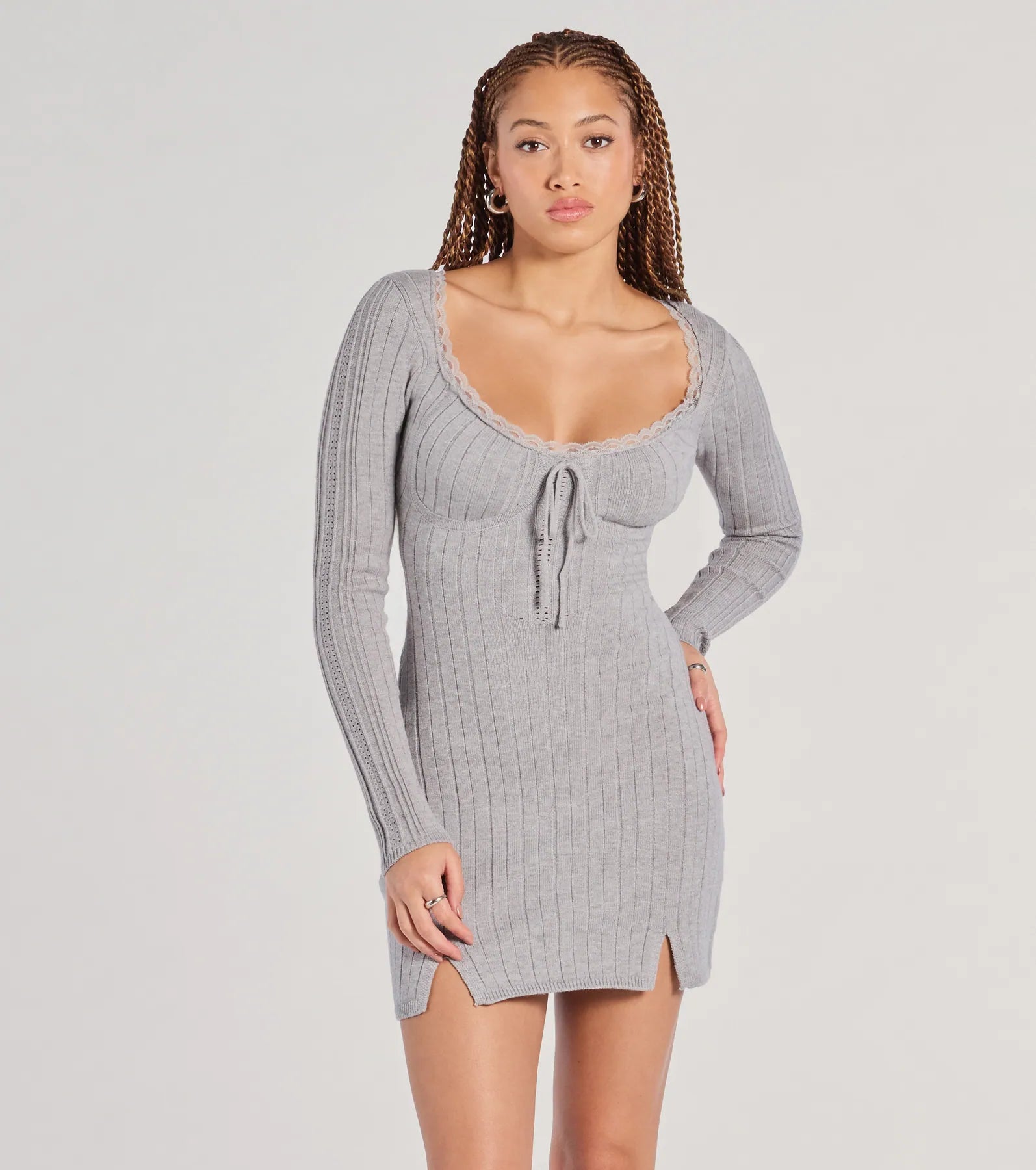 Mini dress with cowl neck-Such A Flirt Lace Trim Scoop Neck Knit Mini Dress