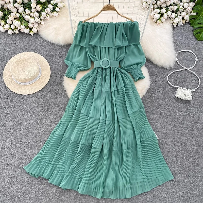 Maxi dress with open back-off-shoulder ruffled A-line pleated dress elegant long skirt    S4426