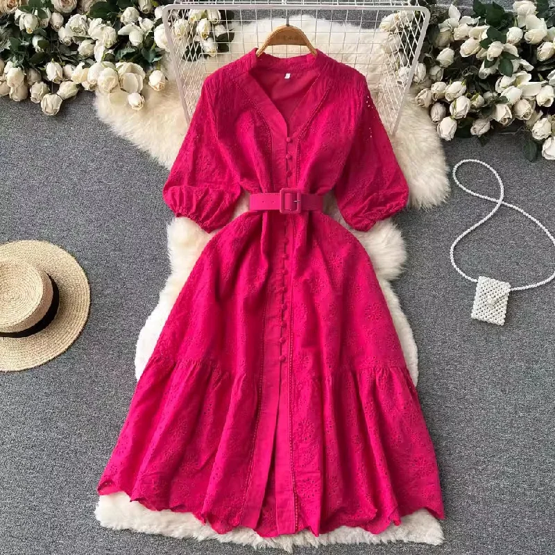 Maxi dress with fringe details-V-neck dress women's puff sleeves ruffle long skirt   S4560