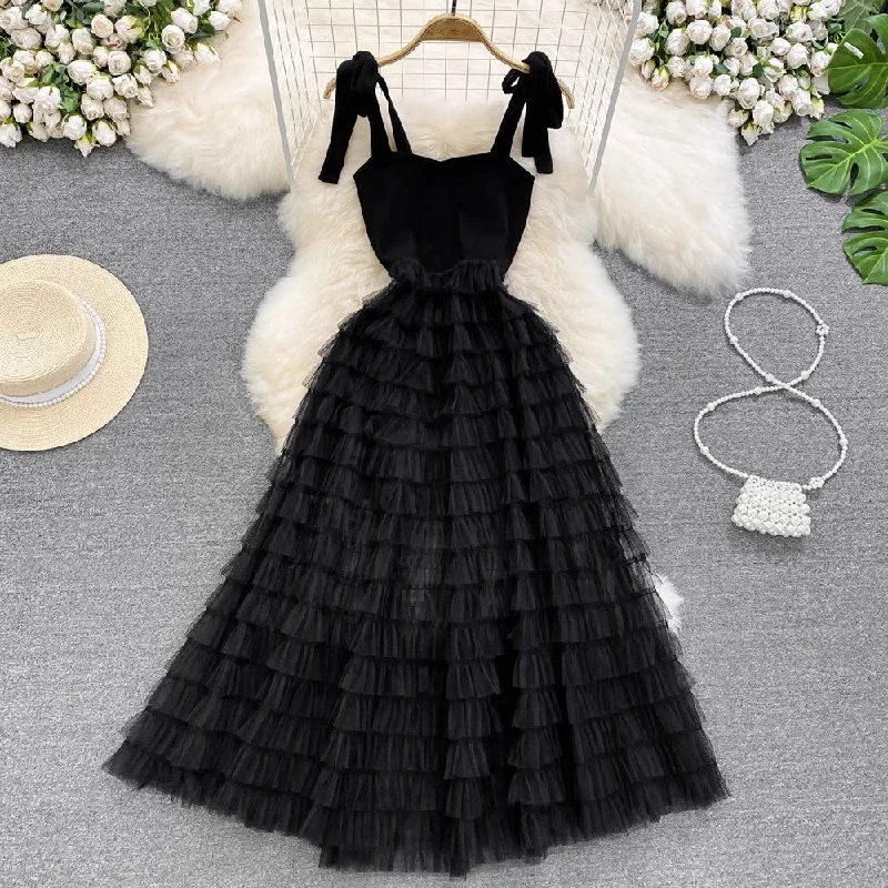 Maxi dress with bustier top-Stylish bow long suspender skirt A-line mesh cake dress     S4279