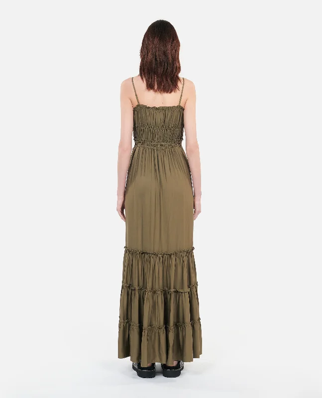 Maxi dress with fringe details-Long Dress With Bows | Women | Khaki