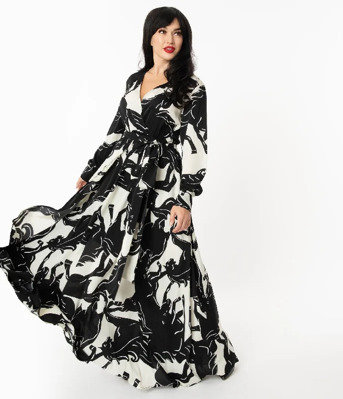 Maxi dress with metallic finish-Unique Vintage Black & White Wild Horses Farrah Maxi Dress (M ONLY)