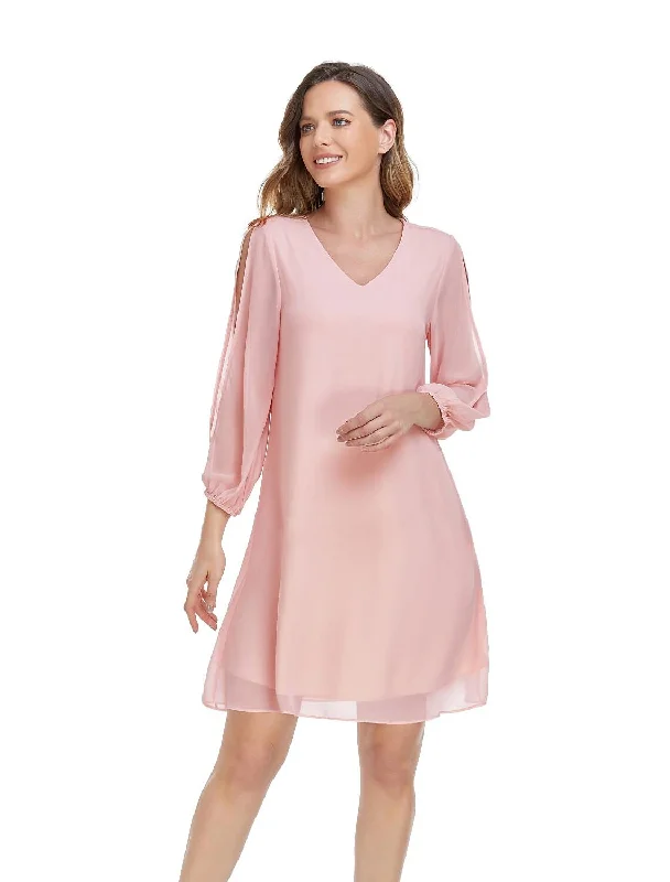 Cocktail dress with sleeves-A-Line Empire Homecoming Cocktail Party Dress V Neck 3/4 Length Sleeve Short / Mini Chiffon with Slit Pure Color