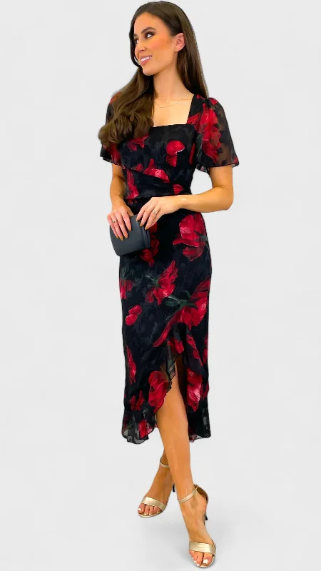 Cocktail dress with fringe-4-A1839 Heidi Black/Red Floral Dress