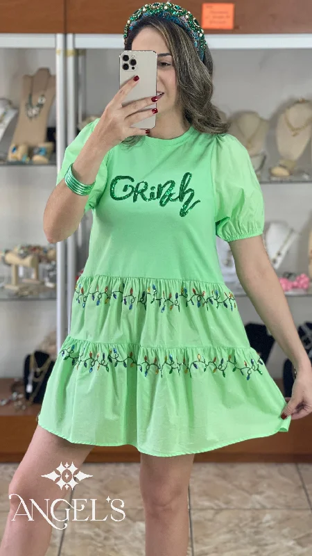 Mini dress with asymmetrical hem-Grinch and Christmas Lights Mini Dress