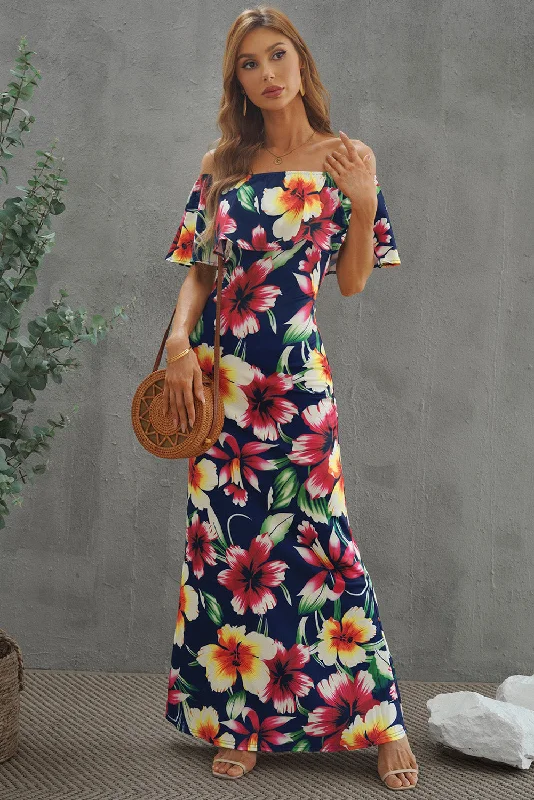 Maxi dress with chic design-Floral Layered Off-Shoulder Maxi Dress