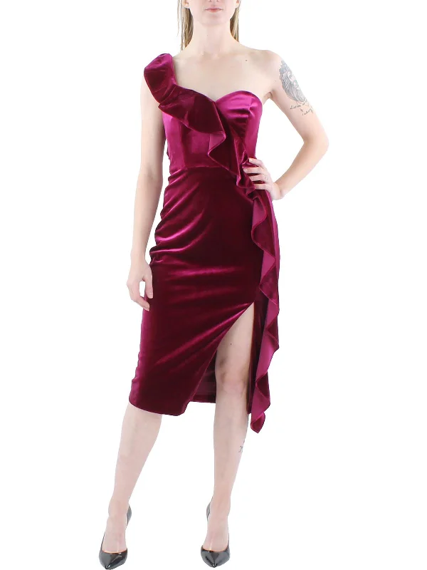 Cocktail dress with lace-Womens Velvet One Shoulder Cocktail and Party Dress