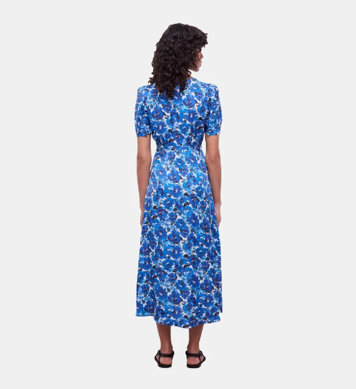 Maxi dress with bell sleeves-Long Printed Dress With Buttons | Women | Blue White